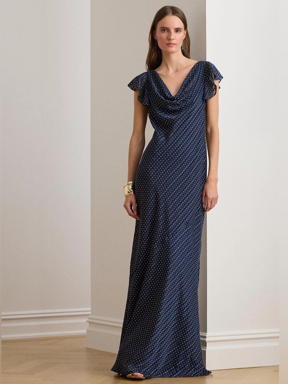 Ralph Lauren Blue Polka Dot Maxi Dress NWT